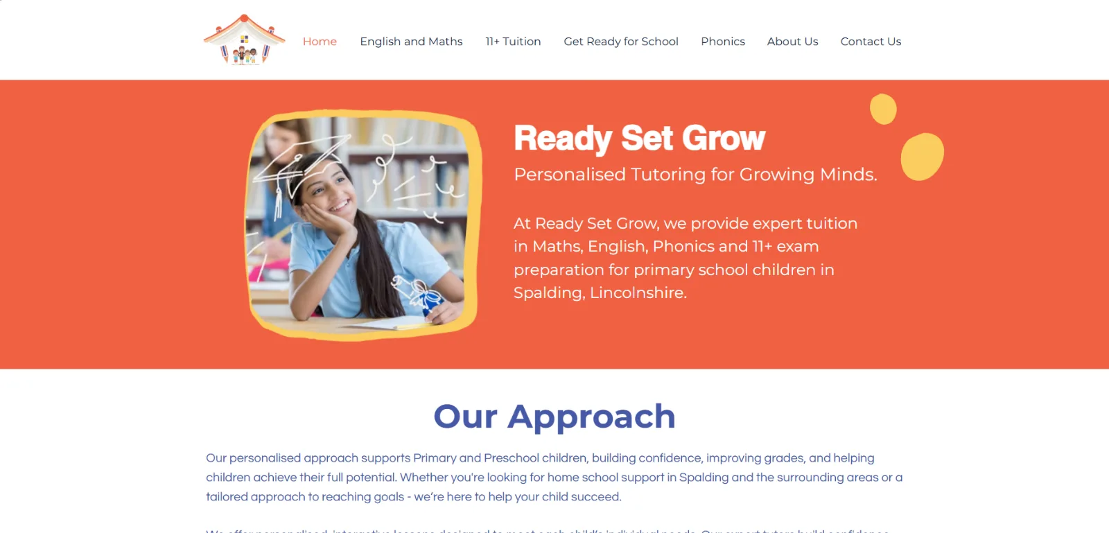 Ready Set Grow tuition website: orange homepage introducing personalised tutoring in Spalding