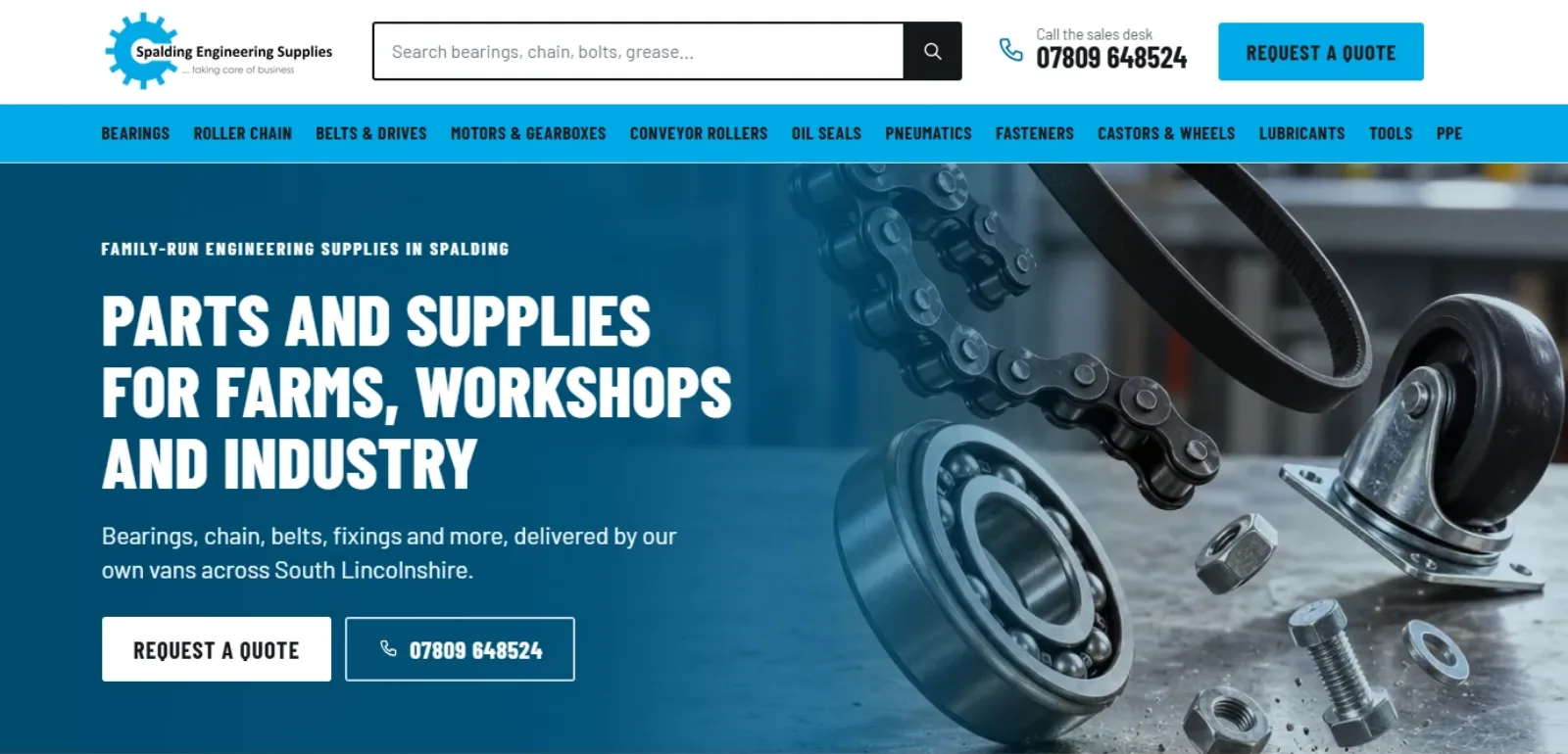 Spalding Engineering Supplies website: blue homepage with a parts search, product menu and a photo of bearings, chain and castors