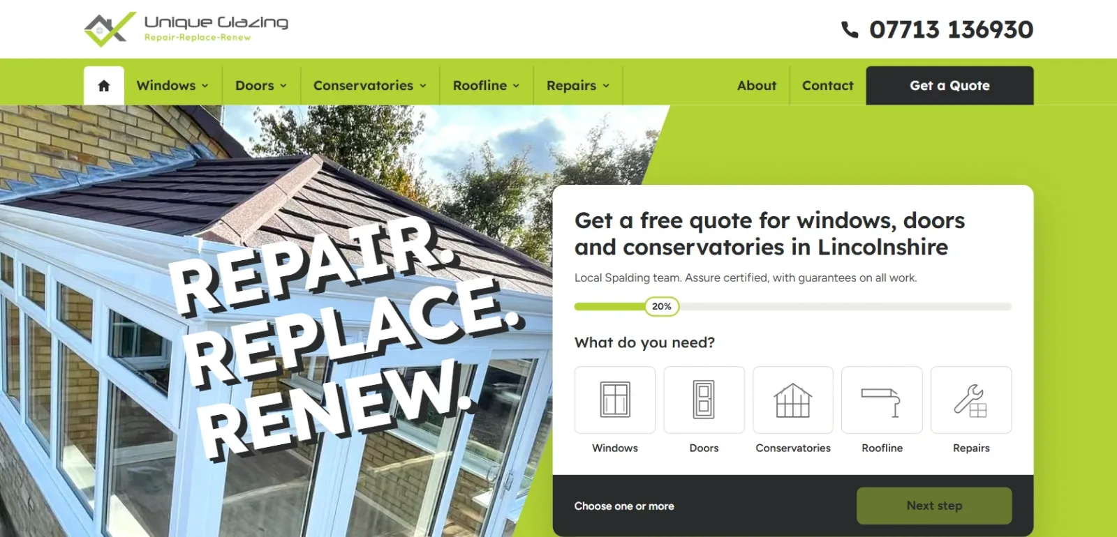 Unique Glazing website: green homepage with a conservatory photo, "Repair. Replace. Renew." and a free quote form for windows, doors and conservatories